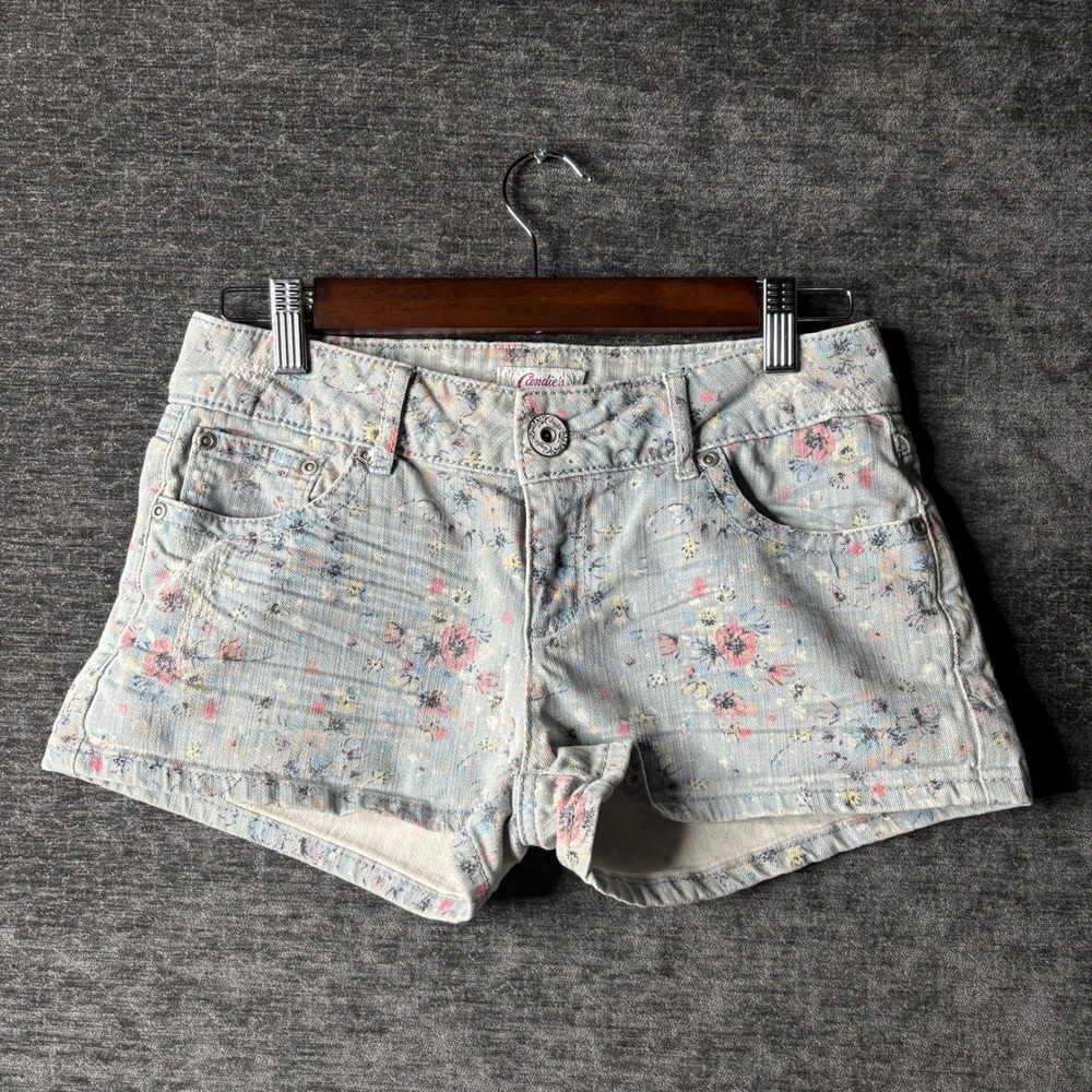 Candies Floral Print Denim Shorts Light Wash Blue Pink Size 7 Low Rise 28 Waist